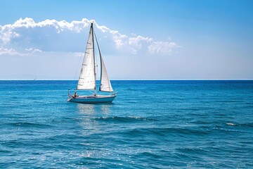 Fototapeta premium A single sailboat navigates the vast expanse of the open ocean, peacefully drifting on the water, A lone sailboat bobbing in the distance
