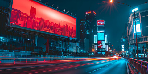 Fototapeta premium Urban street scene with lit billboard at night