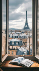 A picturesque view of Paris, including the Eiffel Tower, seen through an open window adorned with...