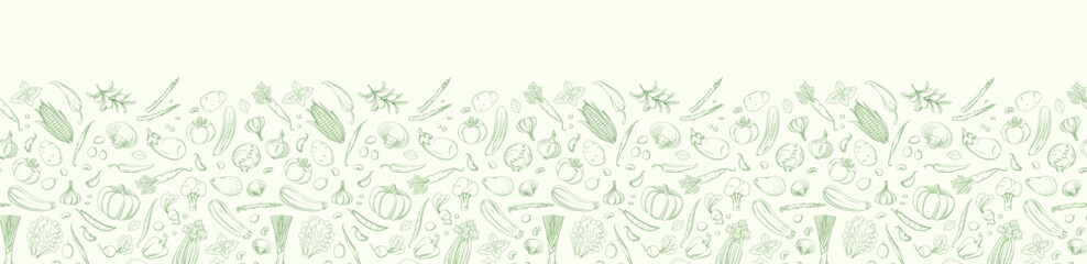 Farm Fresh Organic Vegetable Sketch border Pattern for Kitchen Decor.