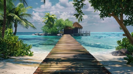 a wooden pier leading to the hut on the beach realistic