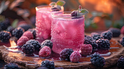 Two glasses of berry cocktail beautifully presented with fresh berries on a wooden surface, perfect...
