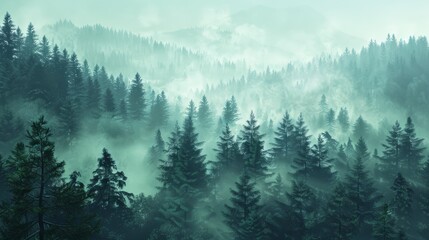 Misty landscape with fir forest in vintage retro style. Generative AI hyper realistic 