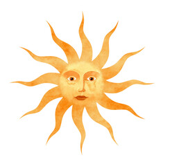 Watercolor illustration of The Sun with human face. Spiritual symbol isolated on a transparent background