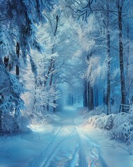 Fototapeta na wymiar Enchanted forest, frostcovered, first light of dawn, panoramic shot, high resolution, icy blue palette