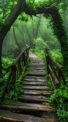 Fototapeta premium Old wooden bridge in enchanted forest, creeper vines, eyelevel, early morning, soft focus, lush greens
