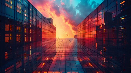 Stunning Sunset Reflecting on Modern Glass Building Facades in an Urban Landscape
