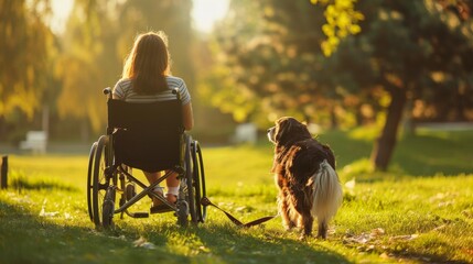 Dog with a girl on wheelchair in outdoor park