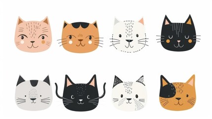 Flat Vector illustration of cute cat. Collection sets