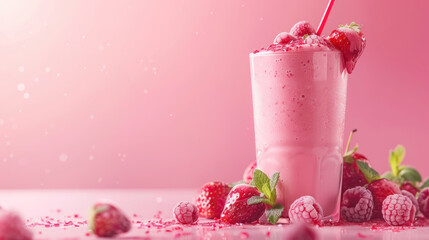 refreshing berry smoothie in a glass garnished with fresh berries on a pink background