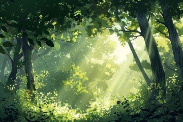 Sunlight shines through dense forest trees, creating a captivating play of light and shadows, A serene forest scene with sunlight filtering through lush green leaves
