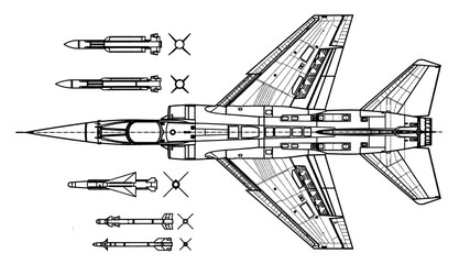 Drawing of french military aircraft fighter bomber
with rockets. General top view of war plane mirage.
Cad scheme.