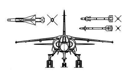 Drawing of french military aircraft fighter bomber
with rockets. General front view of war plane mirage.
Cad scheme.