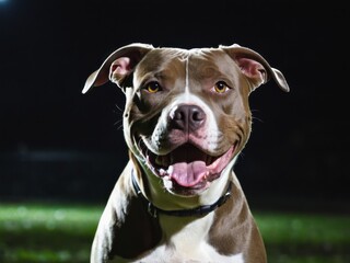 portrait of happy dog Pitbull In the dark park background