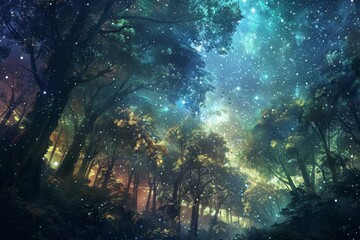 Obraz premium A dense forest filled with countless trees under a sky dotted with shimmering stars, A lush forest under a canopy of shimmering starlight