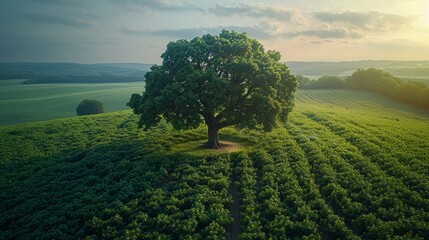 Majestic Lone Oak Tree in a Lush Green Field at Sunset, Aerial View of Serene Nature Landscape - Powered by Adobe