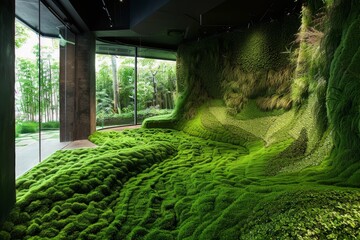 A room with moss growing abundantly on the walls, creating a lush green carpet-like covering, A lush green carpet covering every surface