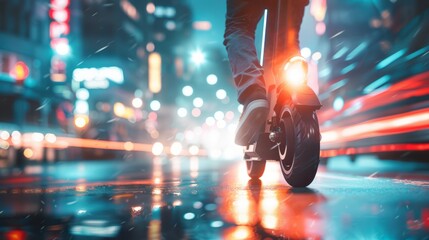 person driving an electric scooter in the city at night with blurred background - sustainable...