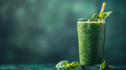 Fresh Green Smoothie in a Glass with Straw and Mint Leaves on Dark Background