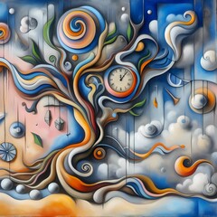 surrealism artwork with abstract concepts, hallucinations, thinking, creativity, shaped objects, moon clouds, eyes, imaginary animals and dreams, Generaive AI