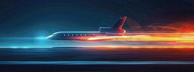 Naklejka premium modern airplane with speed light effect, space for text. high tech transportation. Fast trip. Travel banner