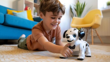 Little kid playing with a robot puppy dog at home.