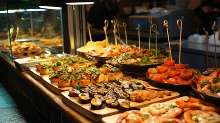 Pinchos and tapas typical of the Basque Country, Spain. Selection of different types of foods to...