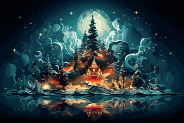 Magical forest with fantasy Christmas tree, magical Christmas time, snow and snowflakes, winter decoration, Fairy tale beautiful image for use in books