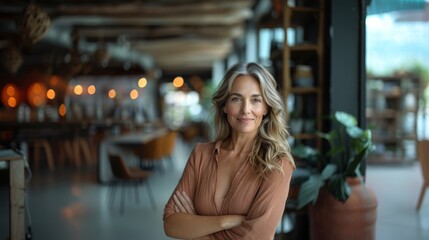 Fototapeta premium Confident Woman Entrepreneur in a Stylish Cafe Setting, Arms Crossed