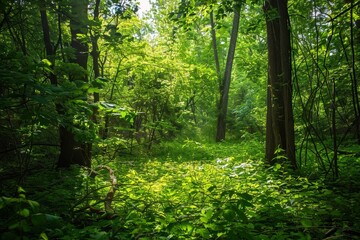 Fototapeta premium A thick, green forest filled with numerous towering trees under the sunlight, A lush green forest with sunlight filtering through the leaves