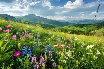 Fototapeta premium Lush meadow with vibrant wildflowers blooming among mountain flora, A lush green meadow with colorful wildflowers blooming