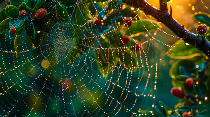 Raindrops bead on a spider's web, refracting the soft glow of morning light