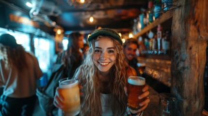 Fototapeta premium Young Woman Smiling with Friends Holding Beers in a Cozy Pub