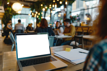 A blurred background of an open-air cafe with people working on laptops, focusing on the laptop screen in sharp focus and with a blank white screen. The foreground shows some papers scattered around.
