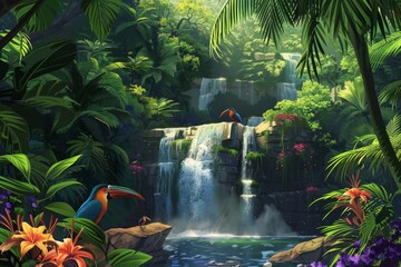 A painting depicting a cascading waterfall in a vibrant tropical jungle with exotic birds flying around, A lush tropical jungle with exotic birds and cascading waterfalls © Iftikhar alam
