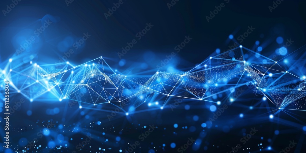 Wall mural abstract blue background with lines and glowing dots forming an array of digital connections, repres