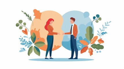 An illustration of a conflict mediation concept, depicting a professional mediator facilitating a settlement and peace agreement process between two opposing parties to resolve a dispute.