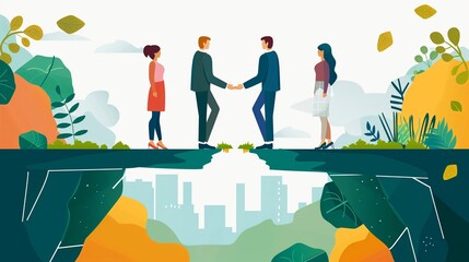 An illustration of a conflict mediation concept, depicting a professional mediator facilitating a settlement and peace agreement process between two opposing parties to resolve a dispute.