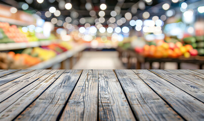 Empty wooden table top with blurred background of the fruit and vegetable section in a supermarket interior. Background for a product display montage, flat lay. Space to add text or design.