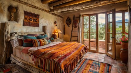 Cozy Southwestern bedroom featuring a carved wooden bed, a wool blanket in teal and orange, and a kiva fireplace Clay pottery and floorlength curtains complete the look