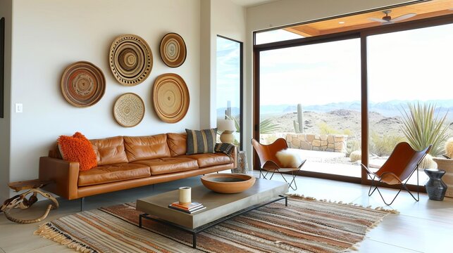 Contemporary Southwestern living room with a leather couch, kiva fireplace, and a geometric rug Cactus plants and framed indigenous art balance modern and traditional design