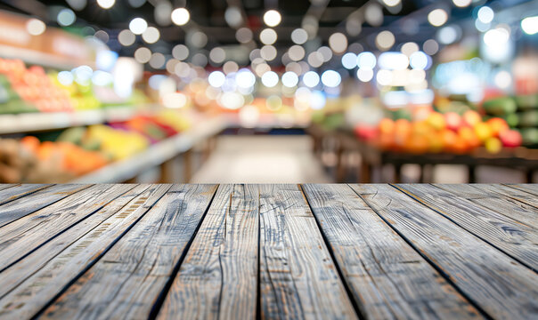 Empty wooden table top with blurred background of the fruit and vegetable section in a supermarket interior. Background for a product display montage, flat lay. Space to add text or design.