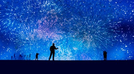 Fototapeta premium End of year party background, wavy abstract texture, happy fireworks, blue color