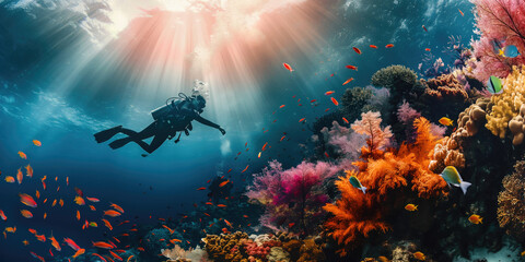 diver underwater with coral reefs