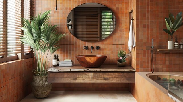 Minimalist Southwestern bathroom featuring a floating vanity, terracotta tiles, and a hammered copper sink Vibrant towels and desert plants add warmth