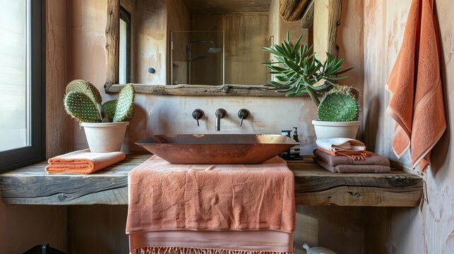 Minimalist Southwestern bathroom featuring a floating vanity, terracotta tiles, and a hammered copper sink Vibrant towels and desert plants add warmth