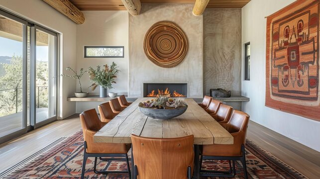 Minimalist Southwestern dining room featuring a sleek wooden table, leather chairs, and bold wall art A kiva fireplace and woven wall hangings create an inviting warmth