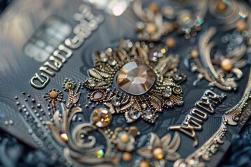 Detailed close-up of a credit card adorned with sparkling jewels, A luxurious credit card with gemstone embellishments