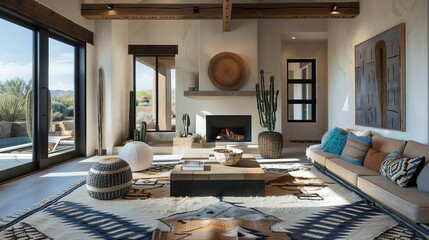 Modern Southwestern living room with a patterned rug, adobe fireplace, and a sleek coffee table Turquoise cushions and cactus plants enhance the serene vibe
