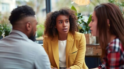An illustration of a conflict mediation concept, depicting a professional mediator facilitating a settlement and peace agreement process between two opposing parties to resolve a dispute.